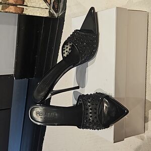 Femme LA Black Slipper Heels Gianni Mesh with Diamonds